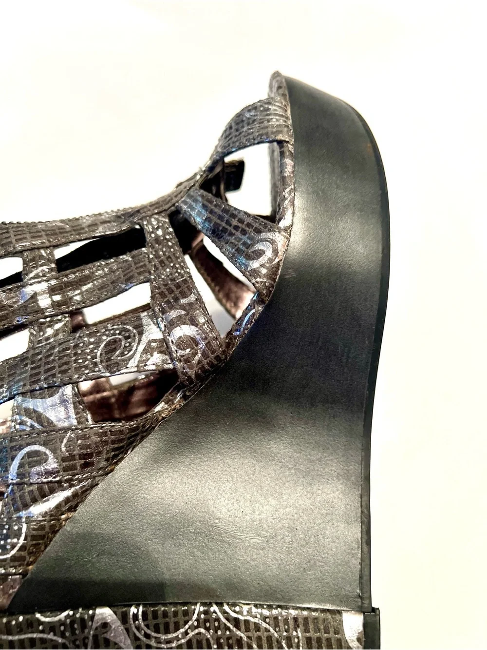 Nadara Metallic Gunmetal Cutout Wedge Sandals